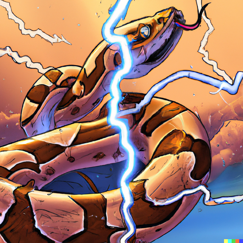 DALL·E prompt: A friendly python snake in a sharp zig zag comic lightening bolt, digital art.png